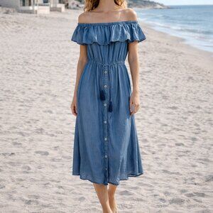 Tommy Bahama Blue Tencel Off Shoulder Midi Dress L